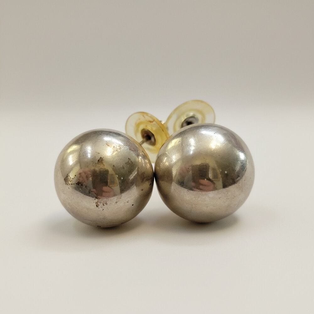 Vintage Silver Tone Ball Stud Earrings Smooth Dome Sphere Minimalist Pair Chic